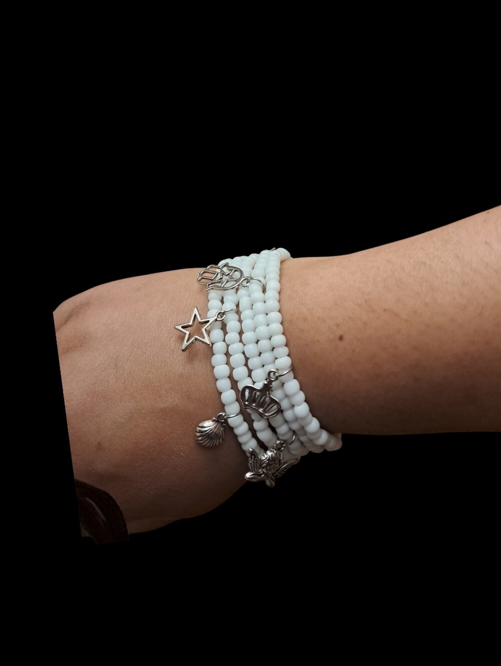 White Beaded Multi-Strand Charm Bracelet